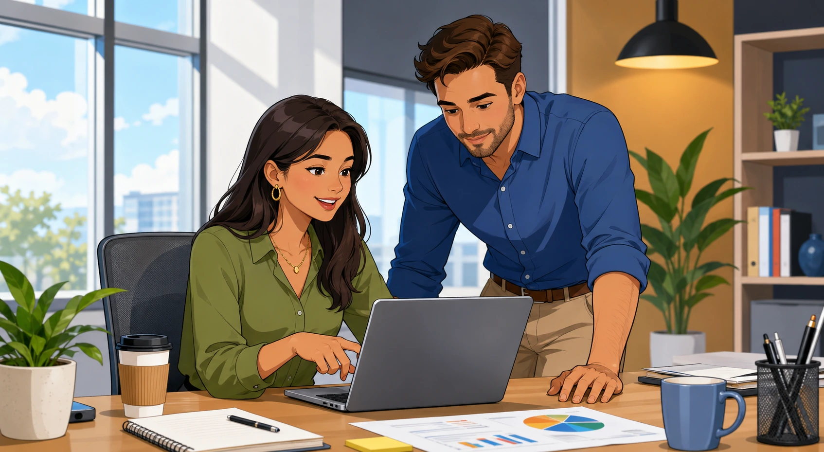 A woman in a modern office sits at a desk with a laptop while a man stands beside her, both looking at the screen with papers and coffee cups nearby.