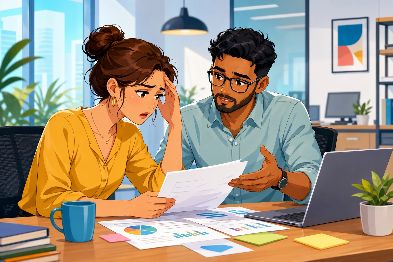 A stressed woman and a male coworker sit at a desk in a modern office, looking over papers and a laptop while discussing a project problem.