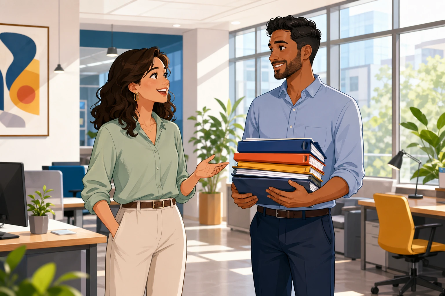 A woman in business-casual clothes stands beside a male coworker carrying a stack of folders in a bright modern office.