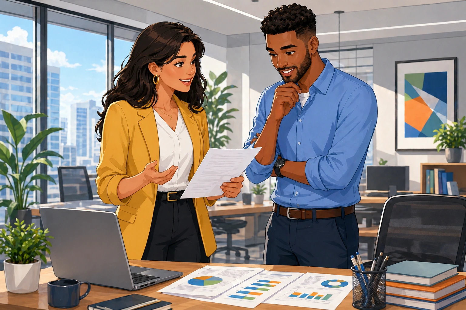 A woman and a man stand in a modern office beside a desk with a laptop and printed reports, discussing a deadline update.