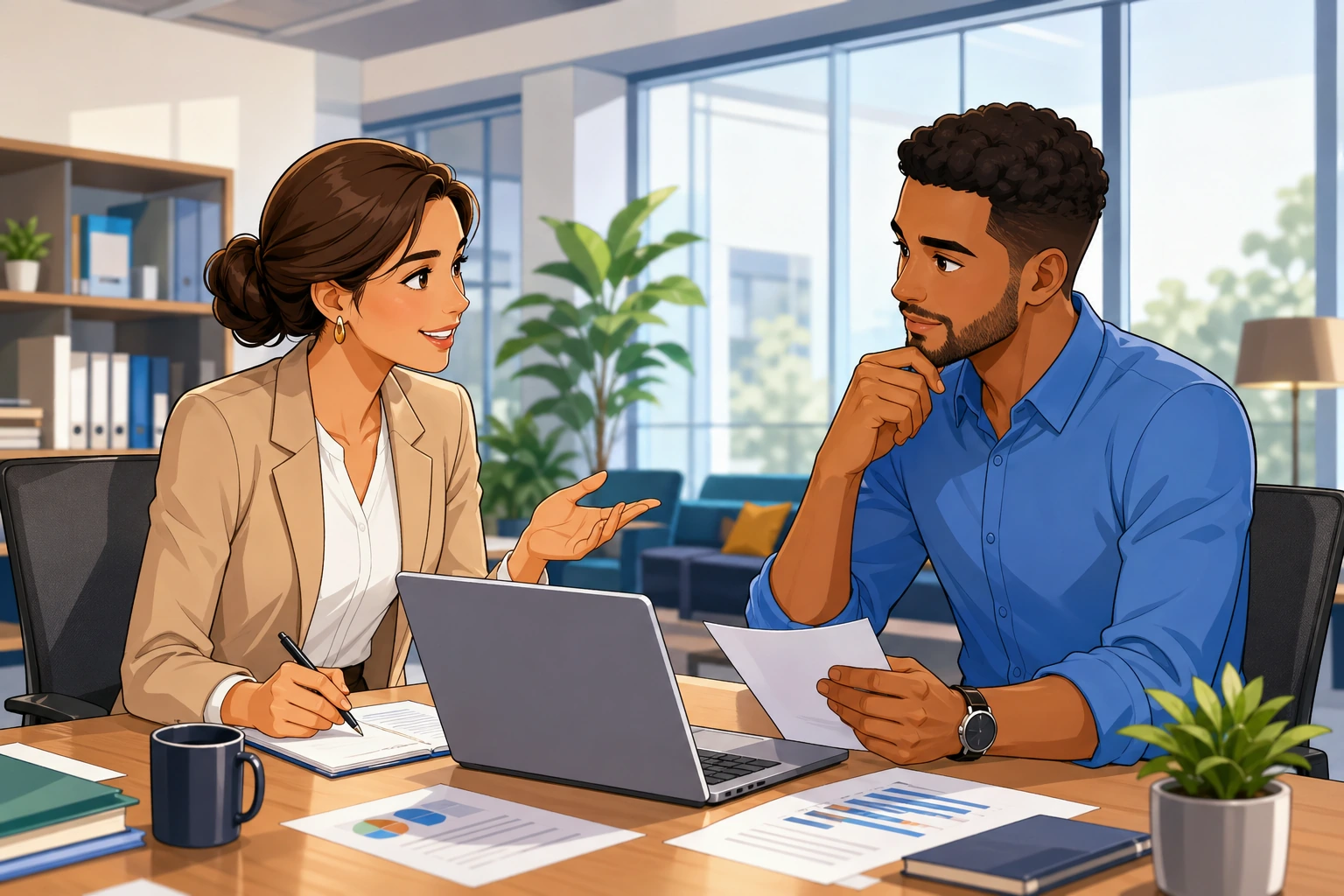 A professional woman and a man sit across a desk in a modern office, looking at a laptop and papers while discussing a deadline adjustment.