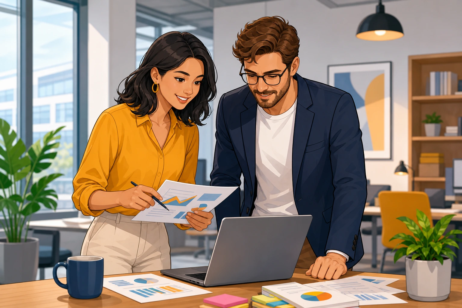 A woman and a man stand by a desk in a modern office, looking at a laptop and printed presentation slides, with a coffee mug and sticky notes nearby.