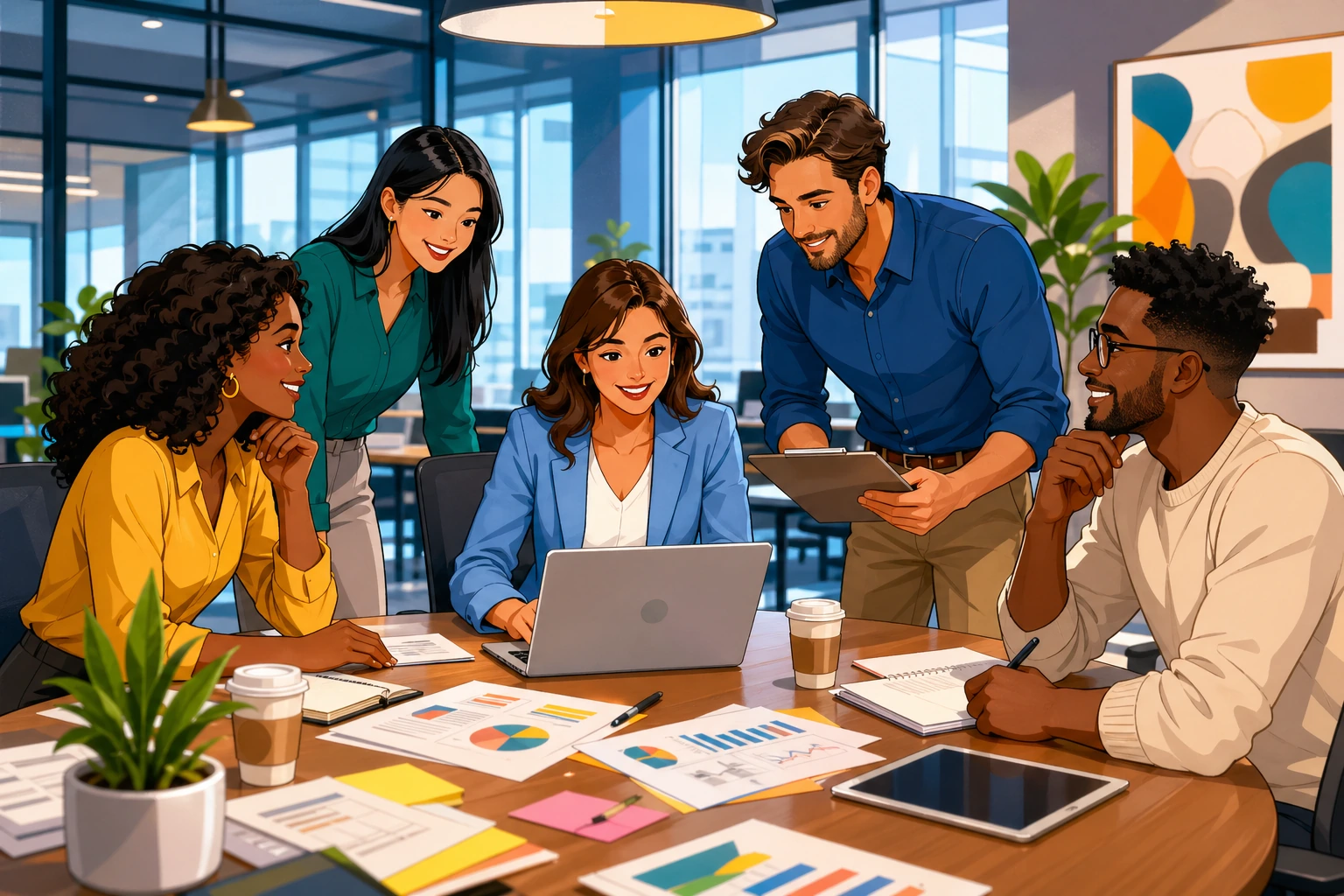 A busy office meeting room where a woman in business clothes checks a laptop beside a man with a clipboard, with papers and coffee cups on the table.