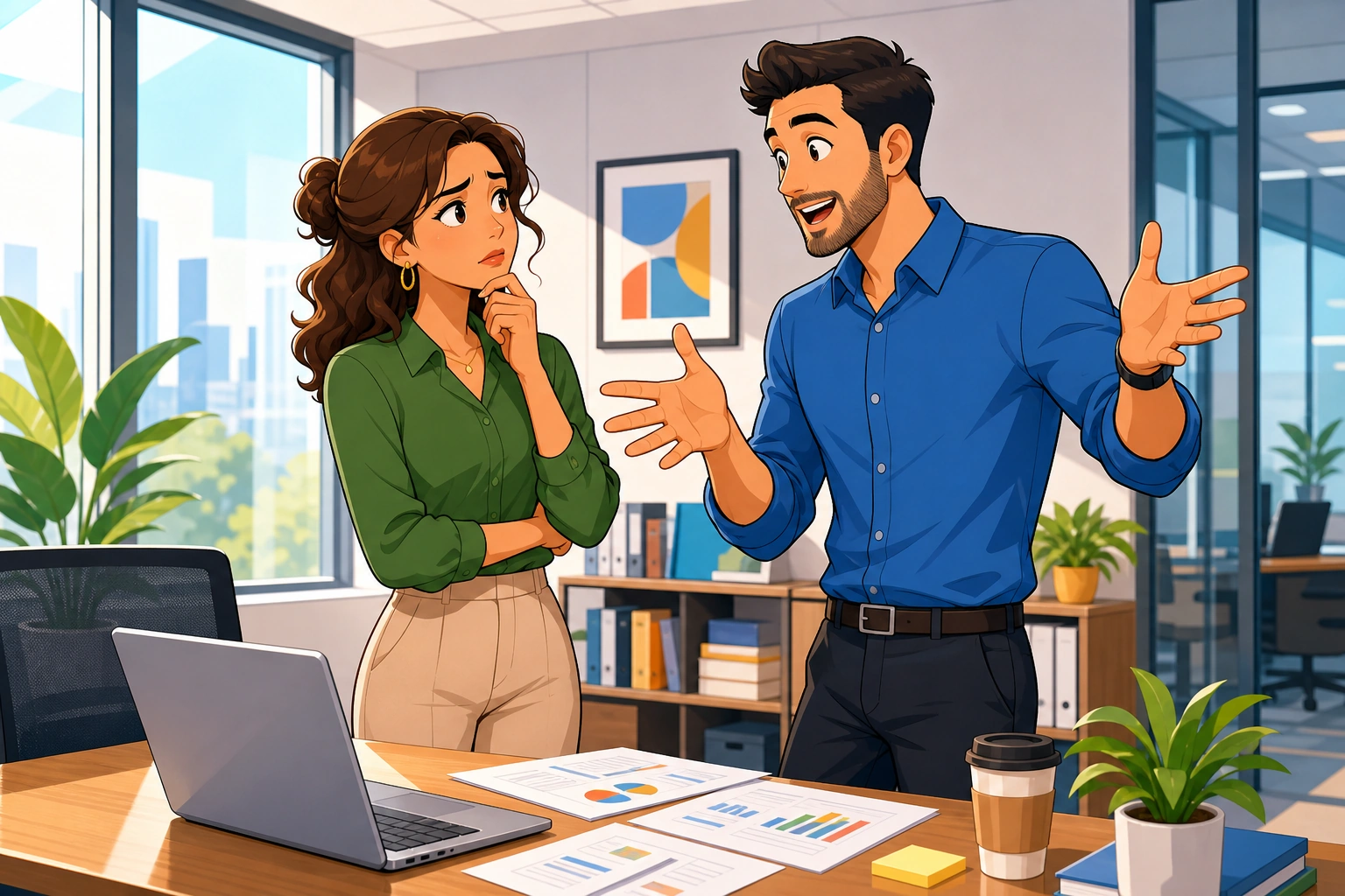 A woman and a man stand beside a desk in a bright office, with a laptop open and papers spread out as he explains something quickly and she listens with a puzzled look.