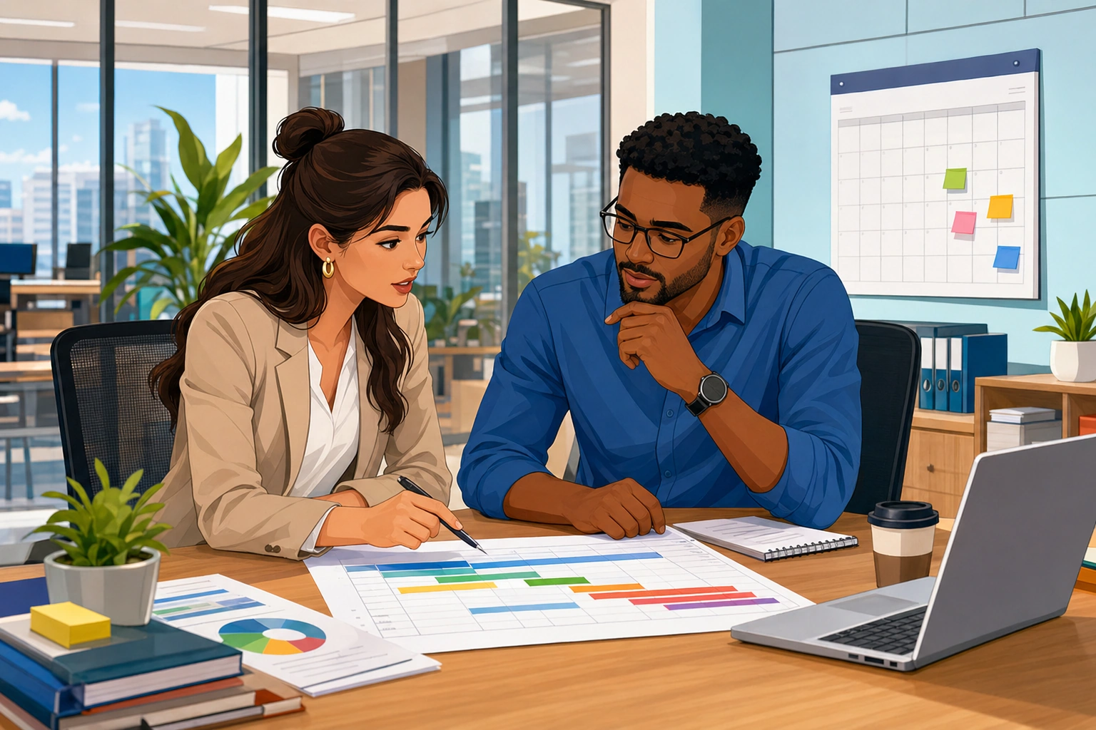 A focused woman and a man sit at a desk in a modern office with papers, a laptop, and a wall calendar, while they review a project timeline and speak seriously.