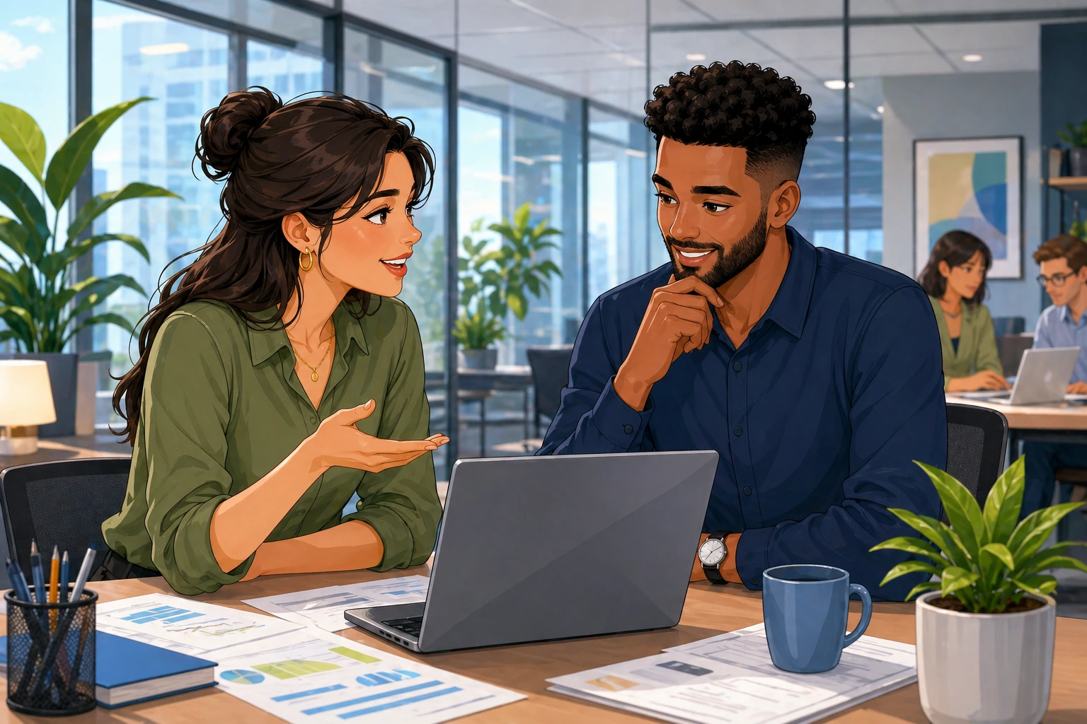 A woman in a modern office leans toward a male coworker across a laptop, asking for advice with papers and a coffee mug on the desk.
