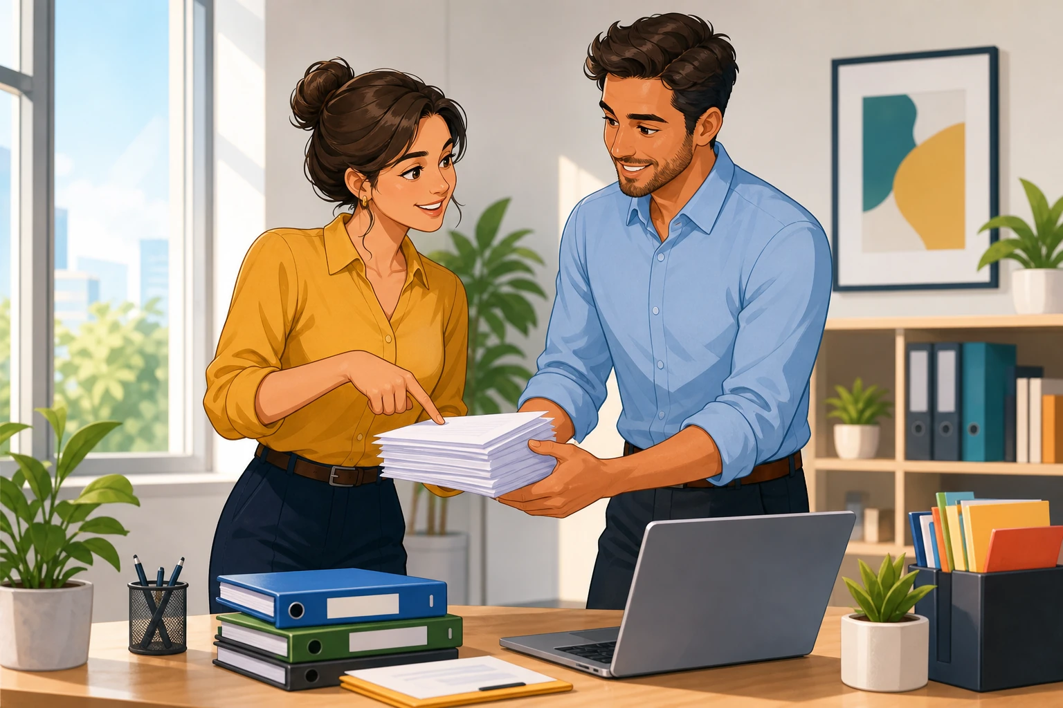A woman and a man in a bright office stand beside a desk with folders and a laptop, and the woman points to a stack of papers while the man reaches to help.