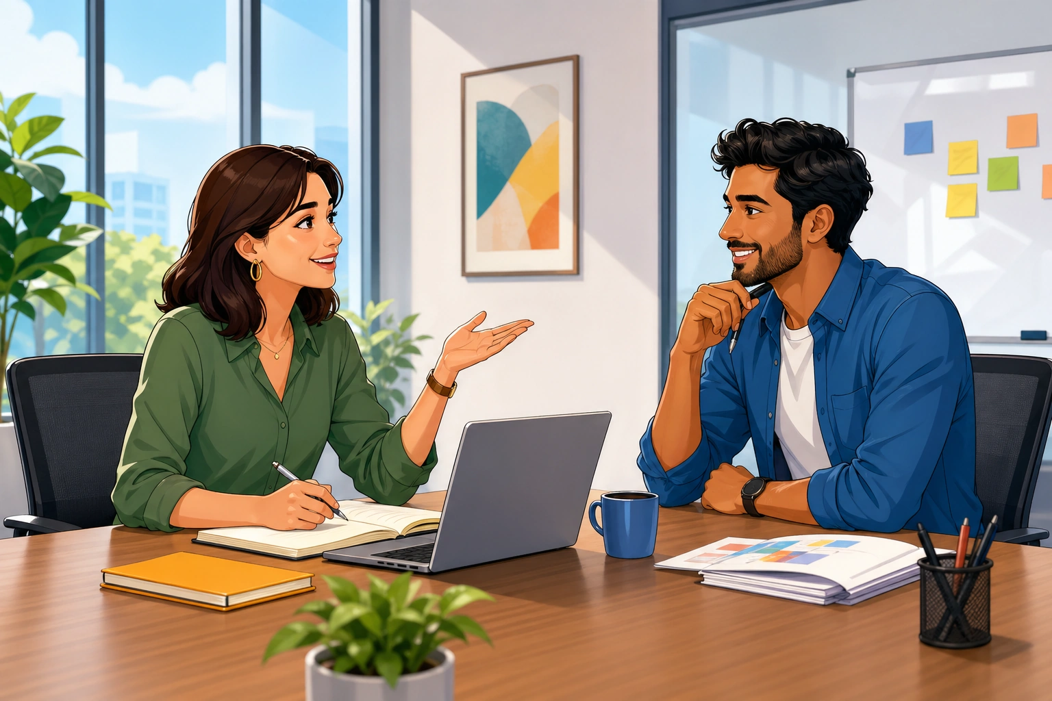 A female project manager and a male designer sit across a conference table in a bright office meeting room, with notebooks, a laptop, and a coffee cup between them as they wrap up a work discussion.
