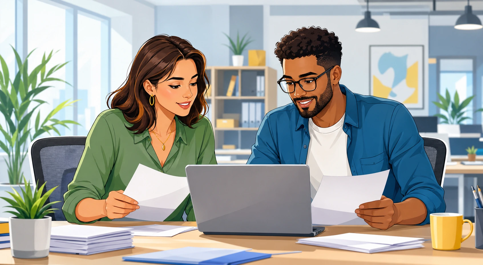 A woman and a man sit at a shared office desk sorting papers and looking at a laptop in a bright modern workspace.