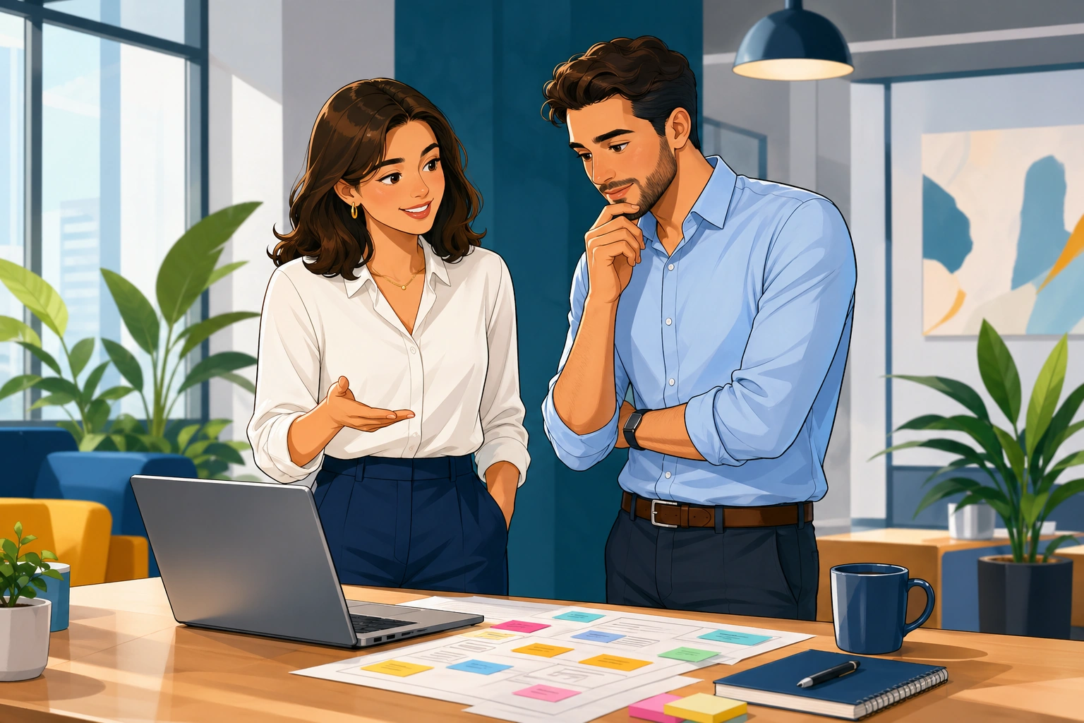 A professional woman and a male coworker stand beside a meeting table in a modern office, looking at a laptop and project notes during a calm discussion.