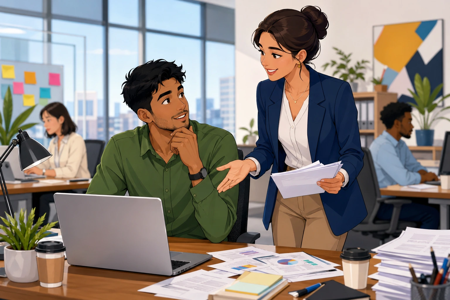 A woman in a neat blazer stands beside a man at a cluttered office desk with a laptop, papers, and coffee cups, as she offers to help with a report.
