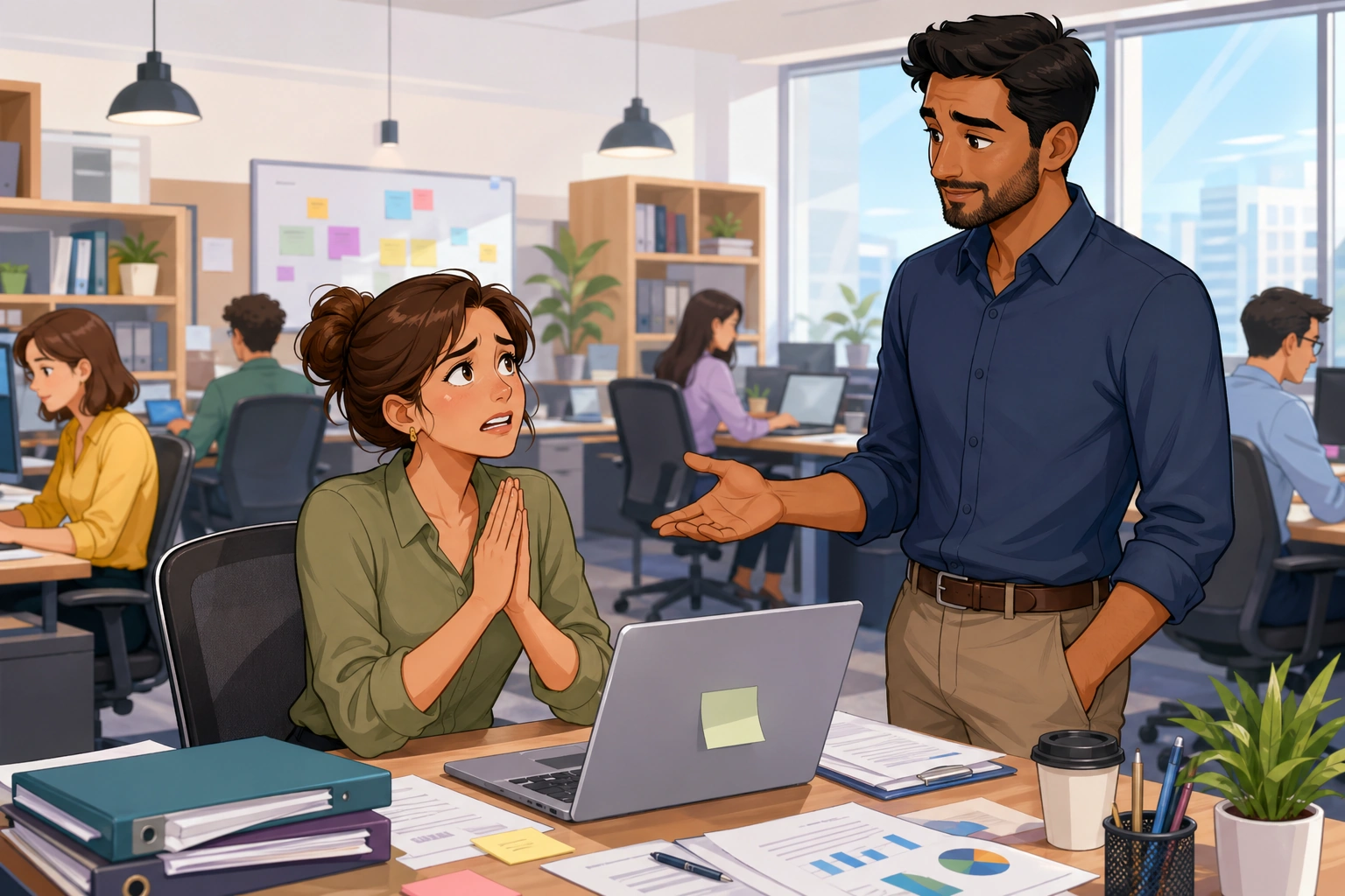 A stressed woman at an office desk apologizes to a calm man standing beside her, with a laptop, papers, and a busy workroom in the background.