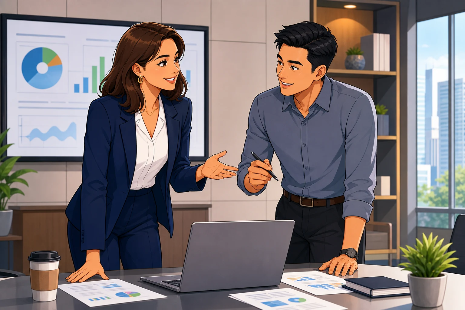 A woman in business clothes and a man in a meeting room stand beside a laptop and papers, getting ready for a client presentation.