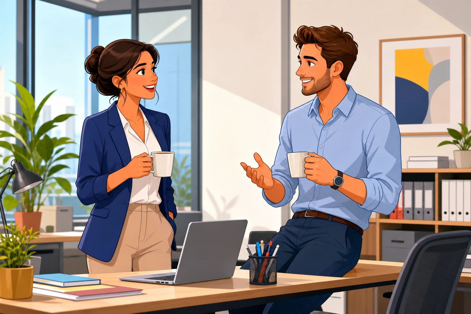 A female office worker in a blazer stands by a desk with a male coworker in a modern office, both holding coffee cups and chatting on Monday morning.