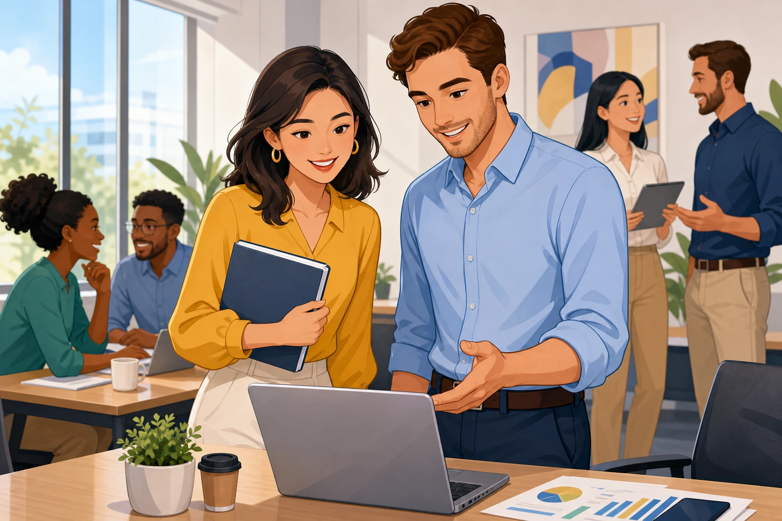 A woman with a notebook and a man in a button-down shirt stand in a bright office meeting room, looking at a laptop and discussing a report.