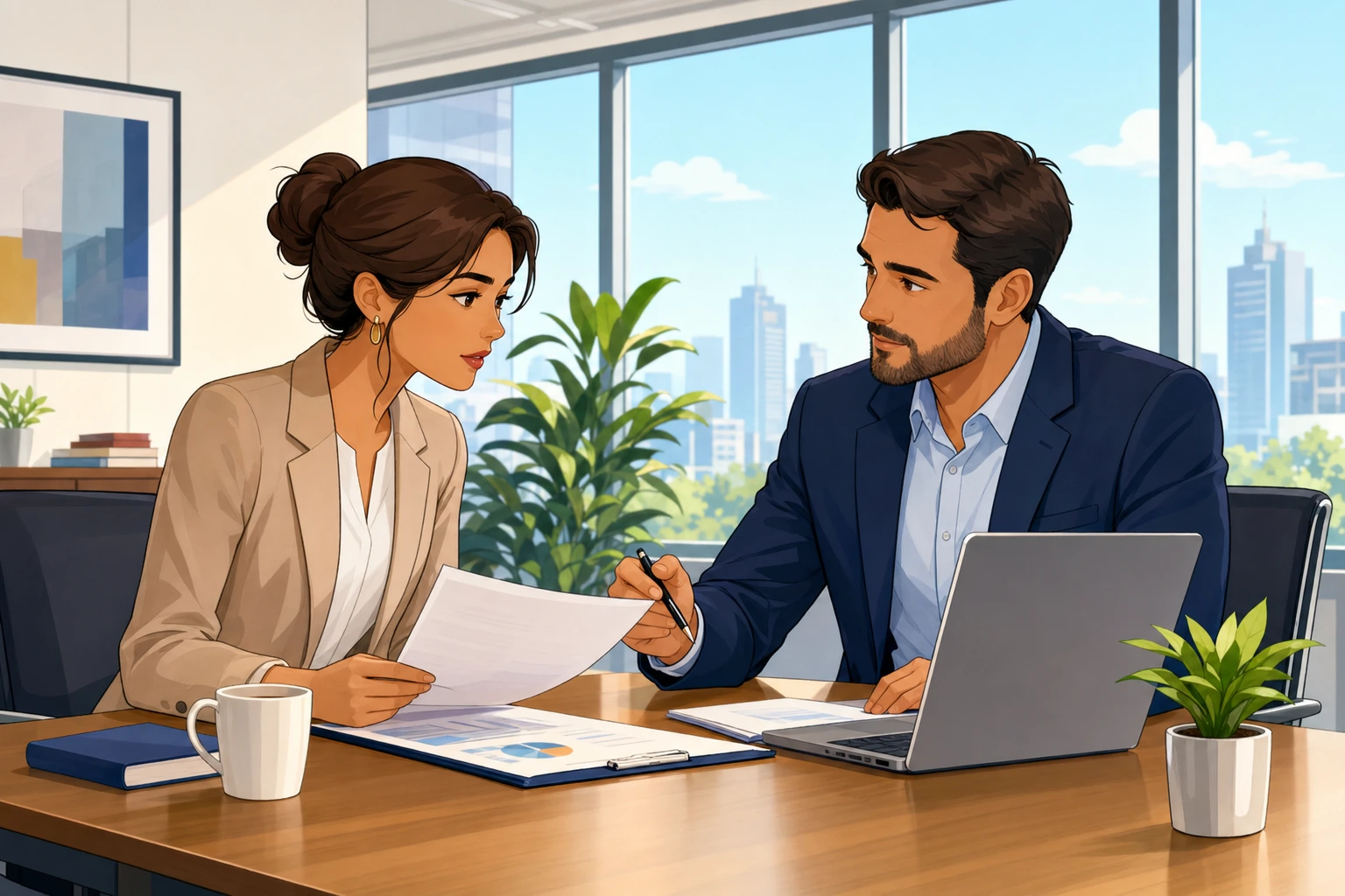 A female employee and a male manager sit across from each other in a bright office meeting room, reviewing papers and a laptop with a serious but calm expression.