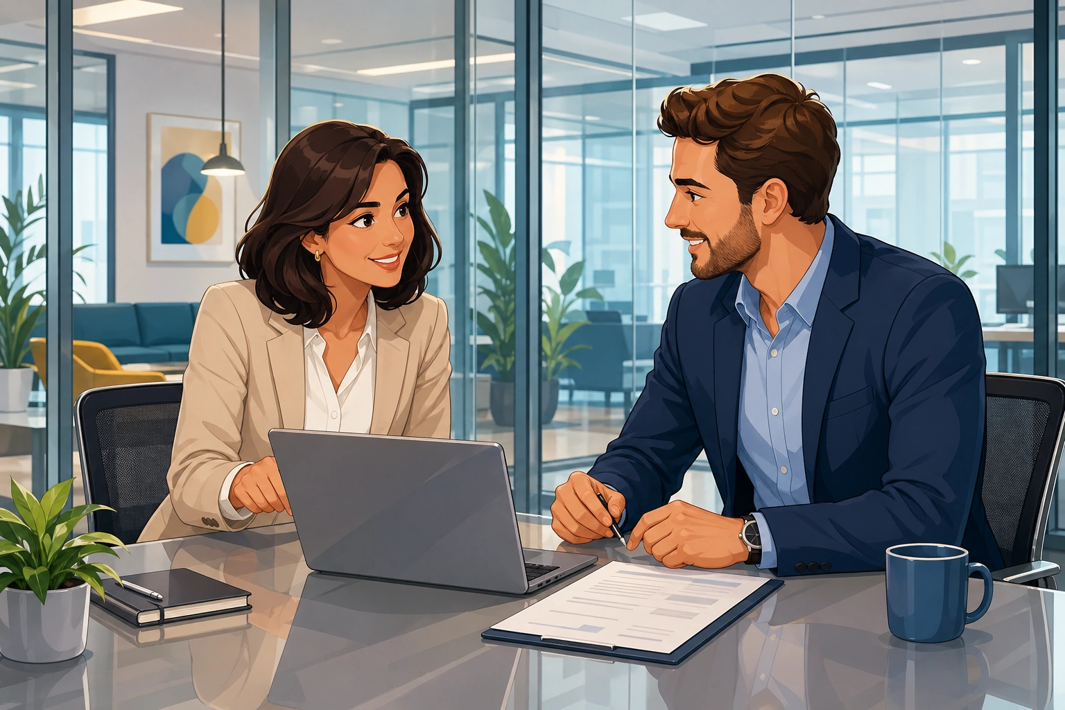 A woman in business clothes sits across from a man in a glass meeting room, both looking at a laptop and contract papers on the table.