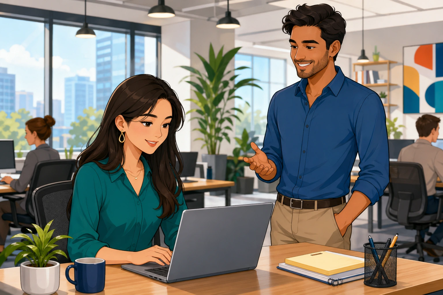 A woman sits at a desk writing an email on her laptop while a male coworker stands nearby in a modern office.