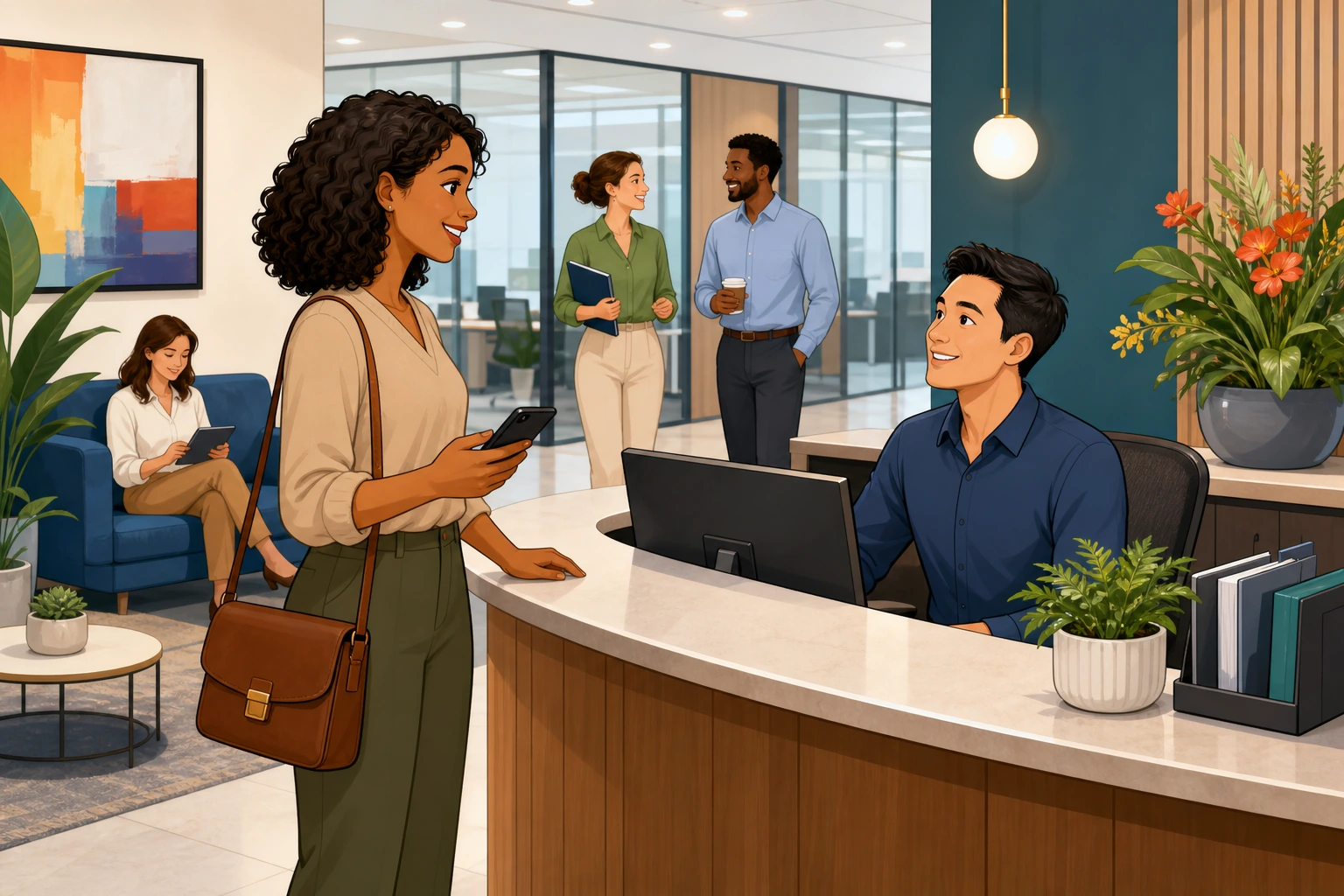 A woman with a phone stands at a quiet office reception desk while a male receptionist looks up from a computer in a modern workplace.