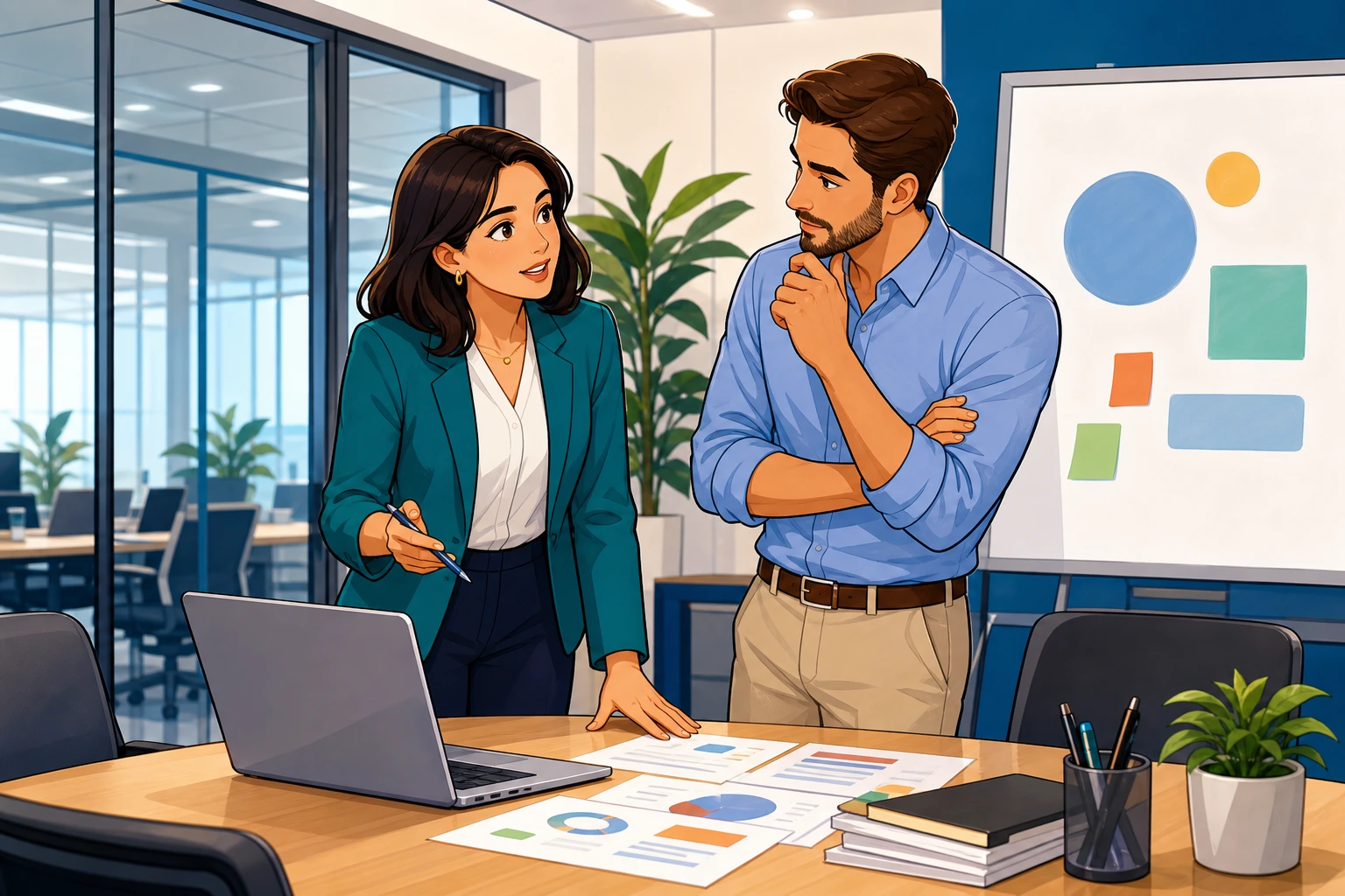 A focused woman manager and a male colleague stand in a modern office meeting room with a laptop, papers, and a whiteboard as they discuss tasks.