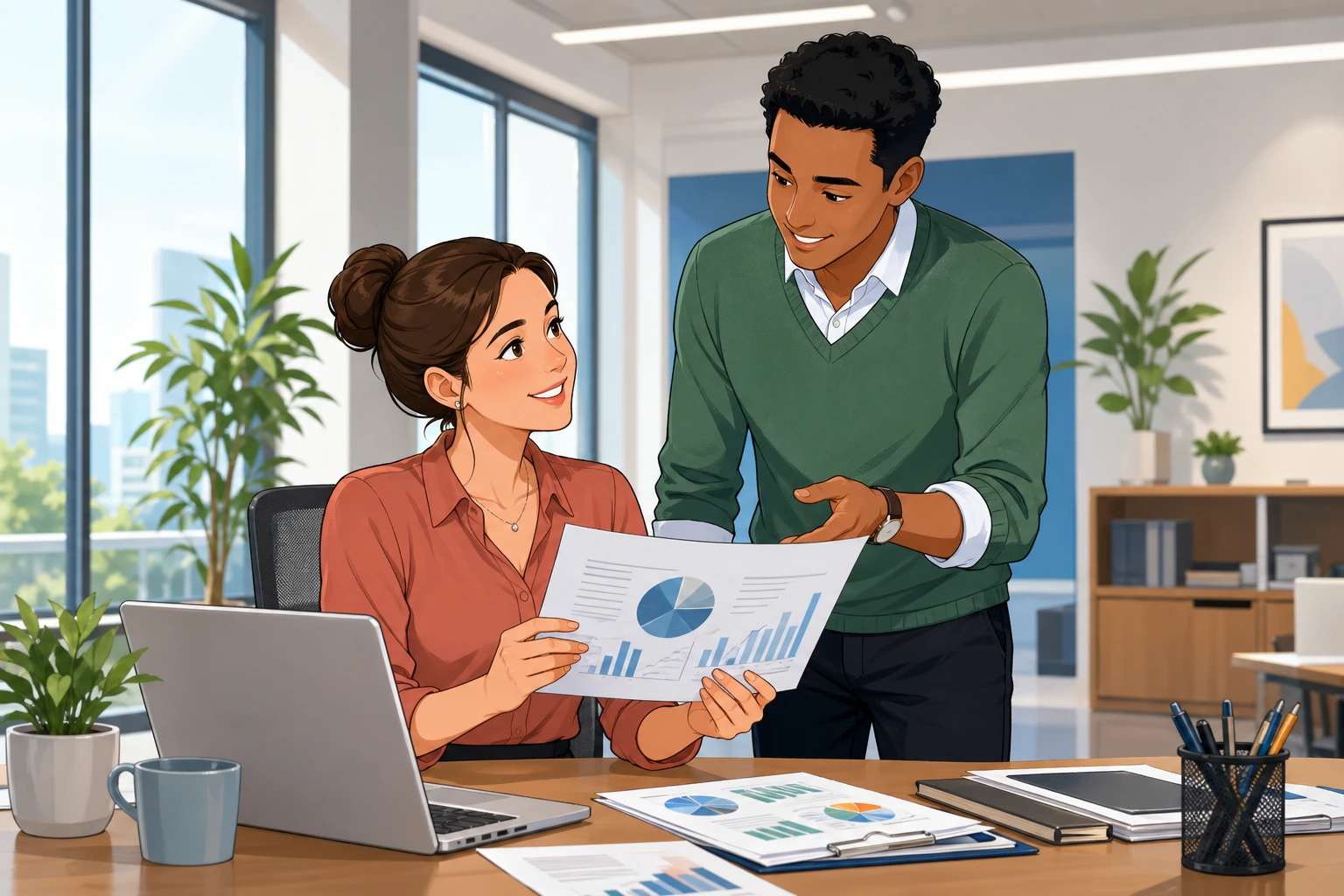 A woman at a desk in a modern office talks with a male coworker standing beside her, both looking at printed reports and a laptop.