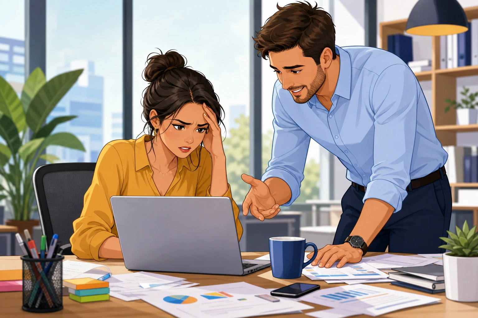 A woman at a desk in a bright office looks frustrated at her laptop while a man in a button-down shirt stands beside her, leaning in to help over scattered papers and a coffee cup.