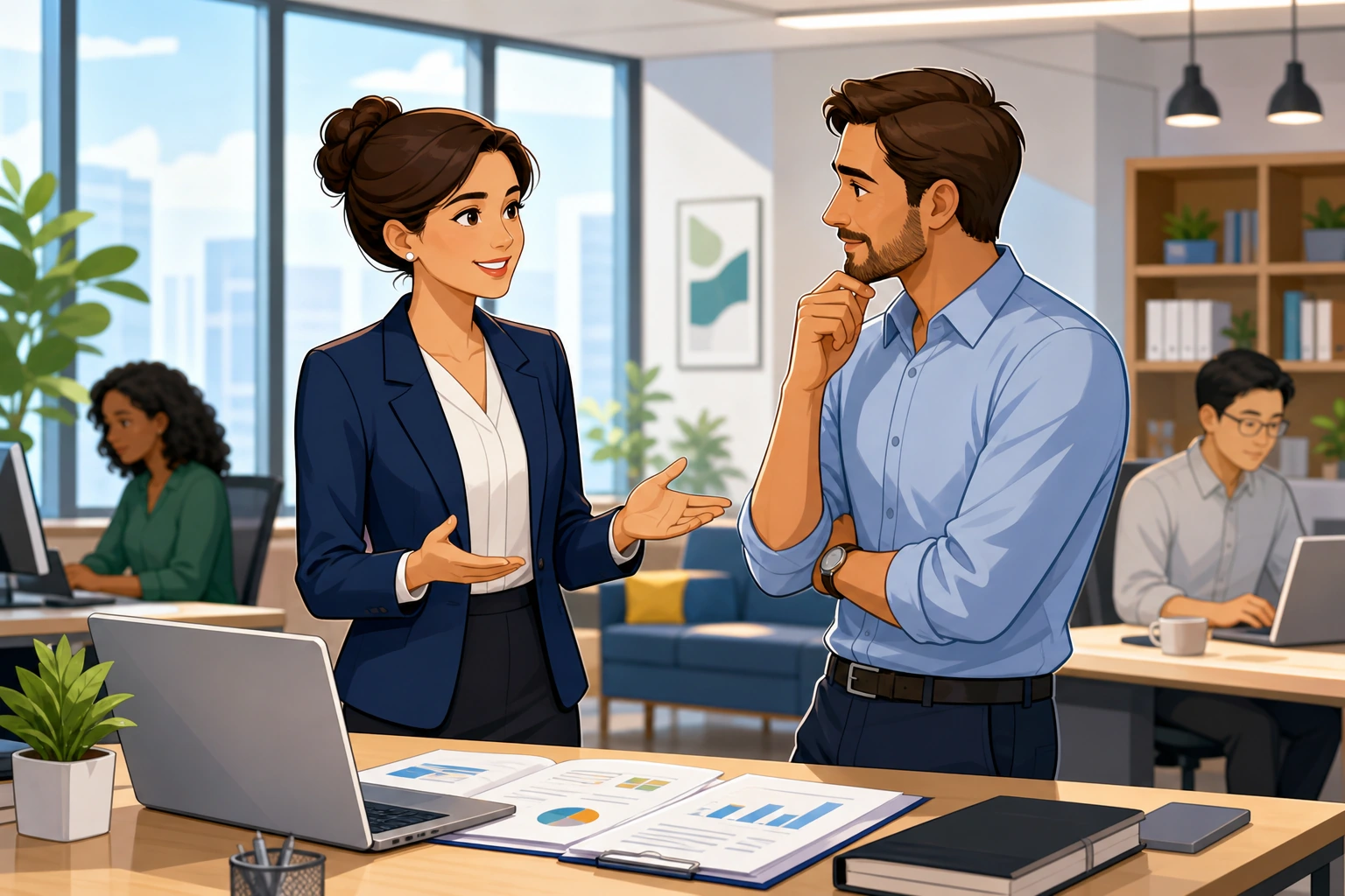 In a bright modern office, a professional woman in business attire speaks politely to a male colleague beside a desk covered with reports and a laptop.