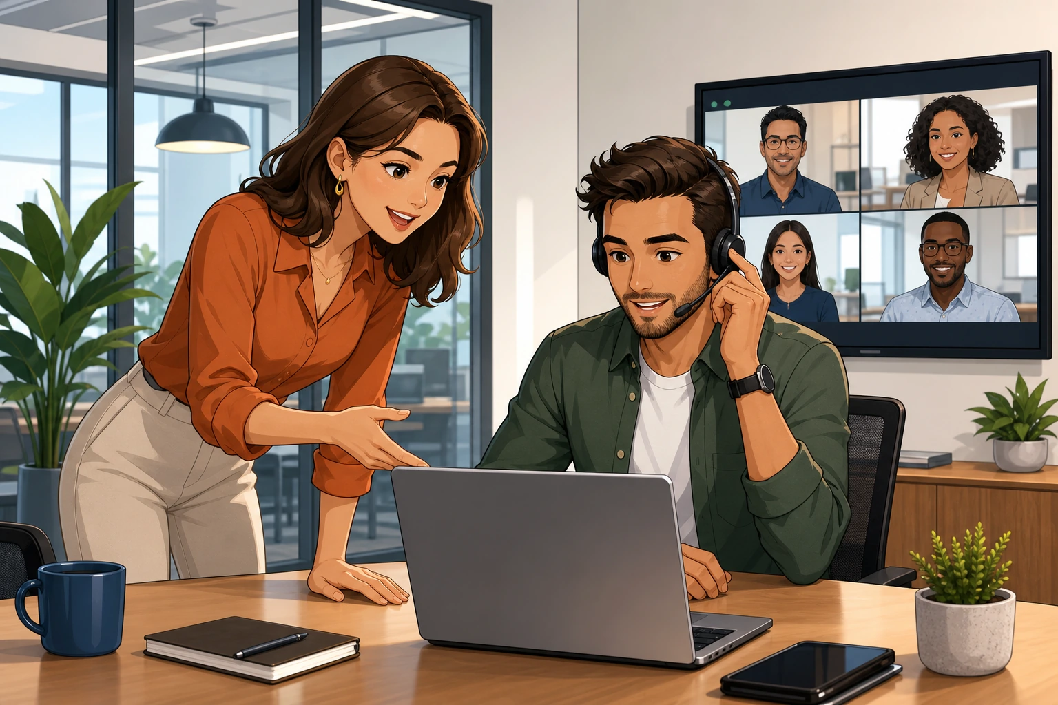A woman and a man stand in a modern office meeting room with a laptop open on the table, the woman leaning toward the screen while the man checks his headset during a video call.