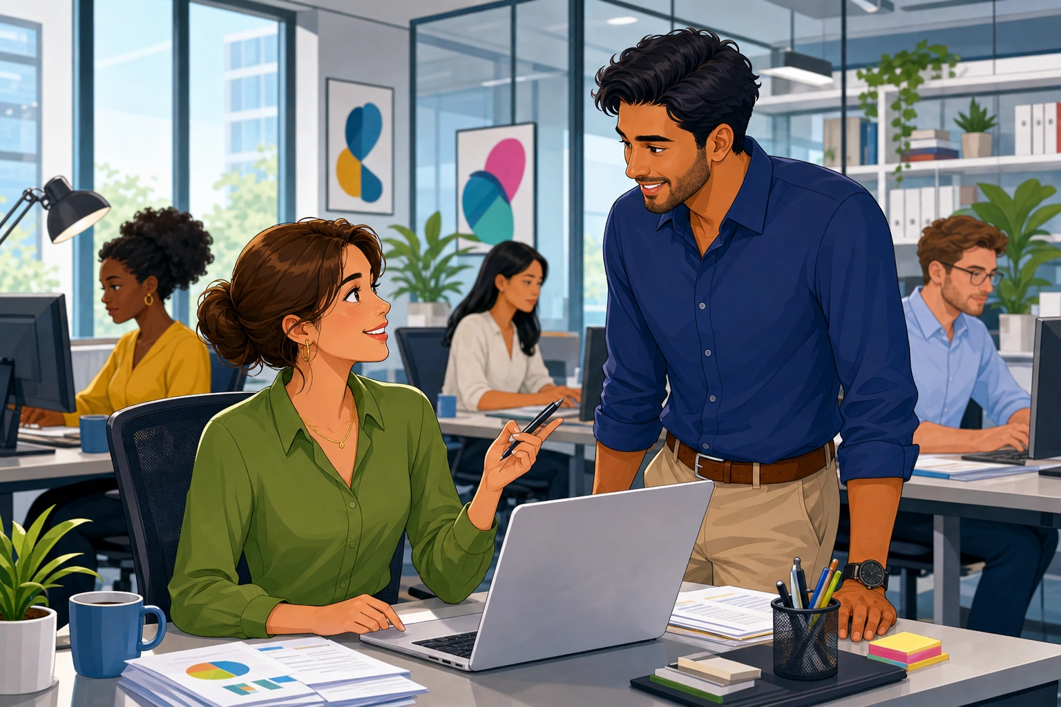A professional woman at a desk in a bright office talking with a male coworker standing beside her, with a laptop, papers, and a busy work setting.