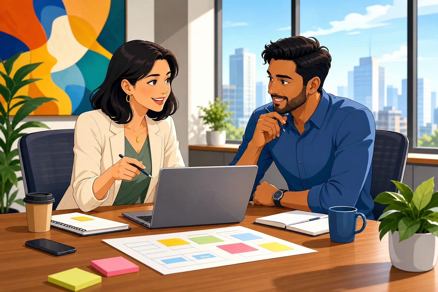 A professional woman and a man sit across a conference table in a bright office, looking at a laptop and project notes while discussing a work plan.