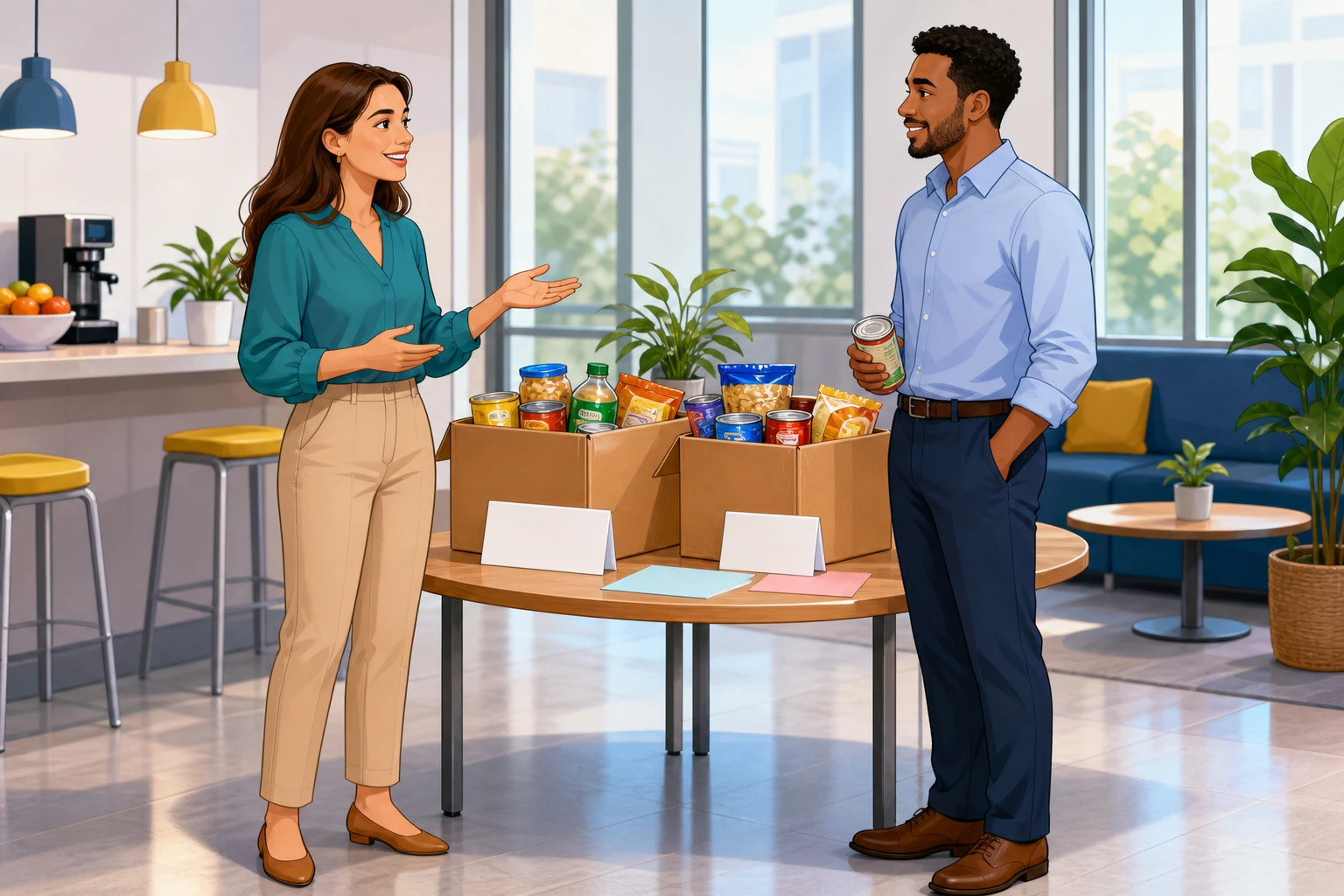 A woman and a man stand in a modern office break room beside a table of donation boxes and flyers, talking about a volunteer food drive.