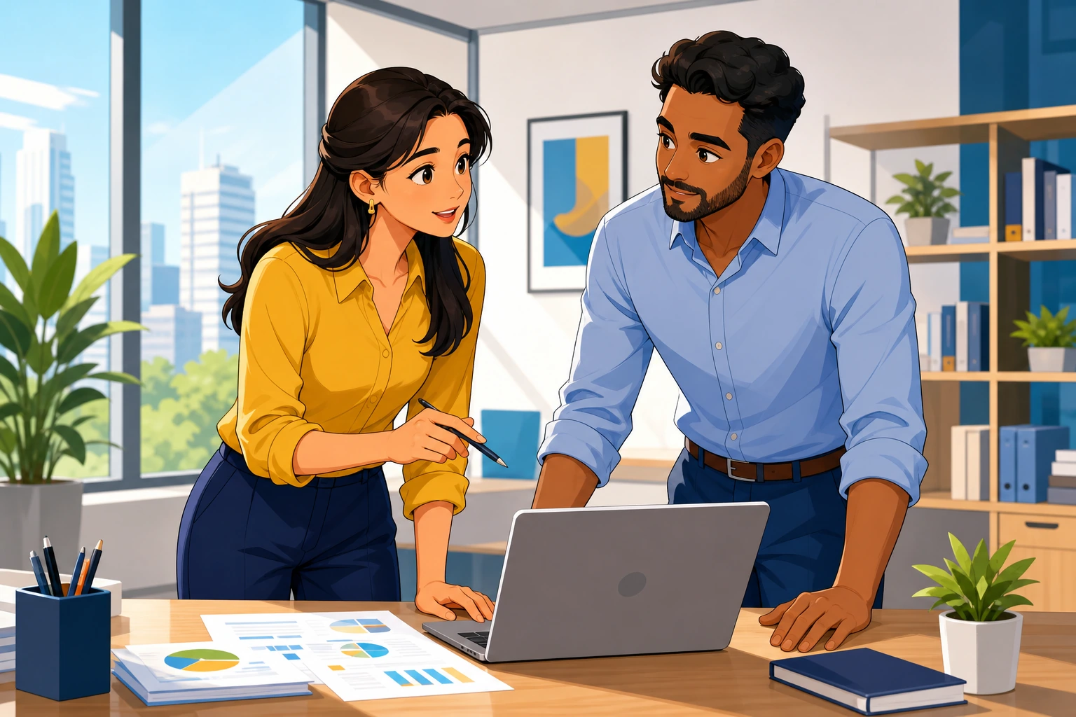 A young woman and a man stand beside a desk in a bright office, looking at a laptop and work papers while discussing a deadline.