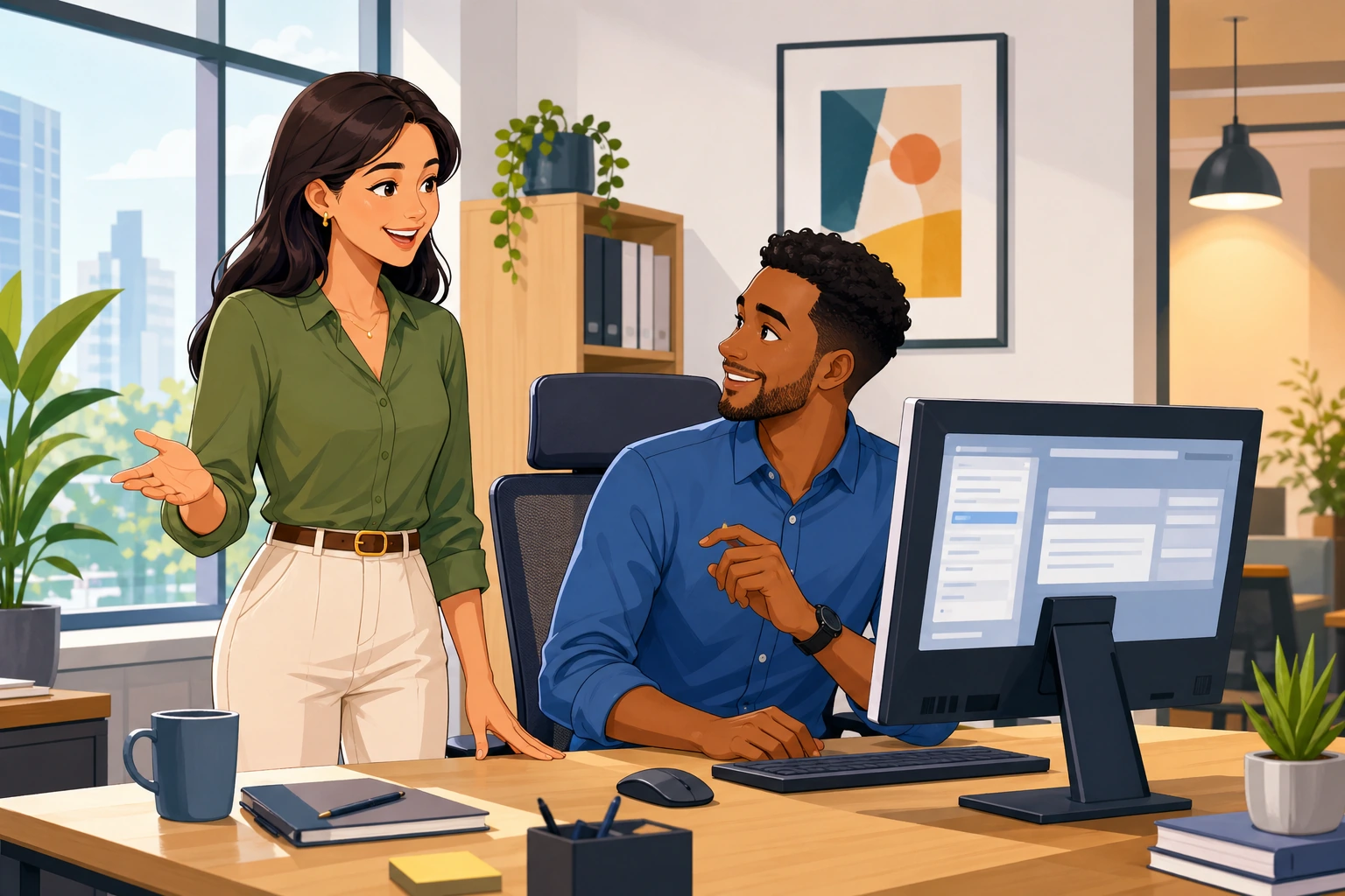 A woman standing beside a desk speaks with a man seated at a computer in a modern office, with email windows visible but no readable text.