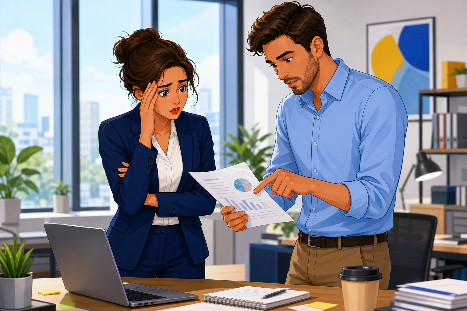 A stressed woman in business clothes stands by a desk in a modern office while a male coworker looks at a printed report and points to a mistake on the page.