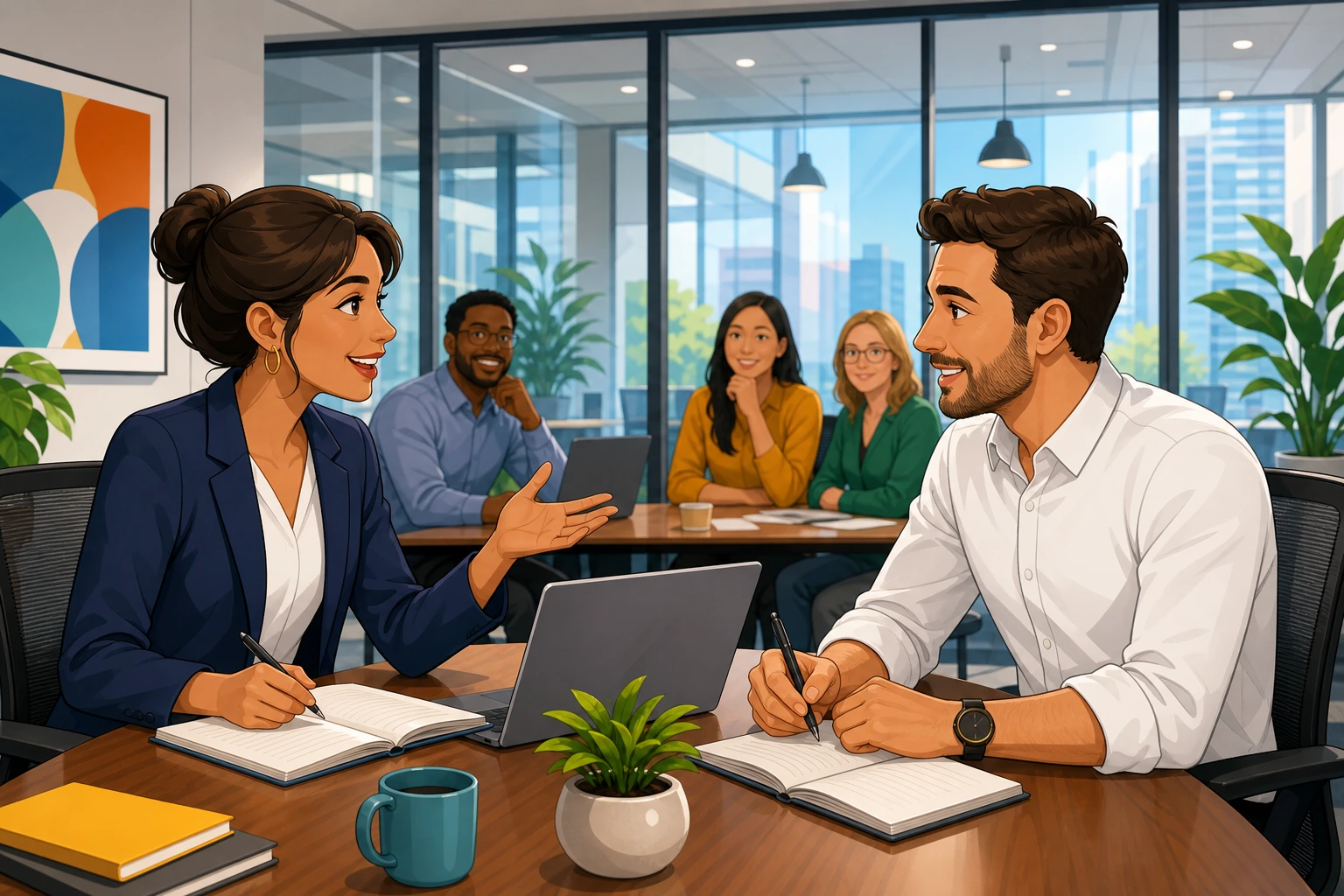 A woman in a navy blazer and a man in a white shirt sit across a conference table in a modern office, with notebooks open and a laptop between them as they review meeting notes.