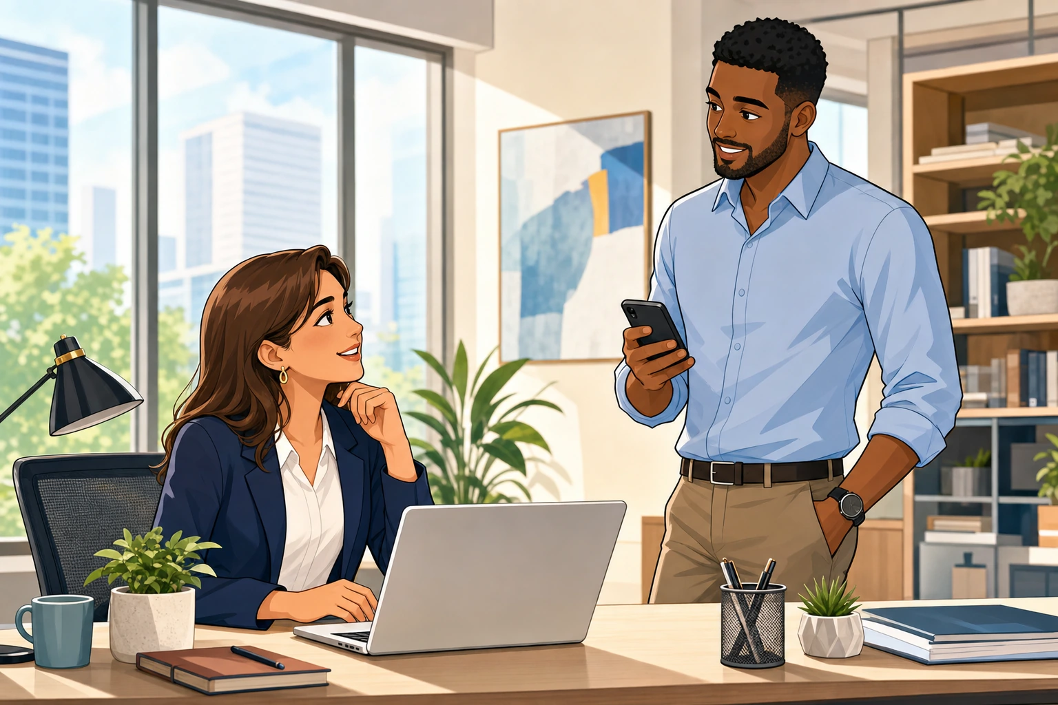 A woman in a blazer sits at a bright office desk with a laptop open, while a man stands nearby checking his phone and nodding during a business conversation.