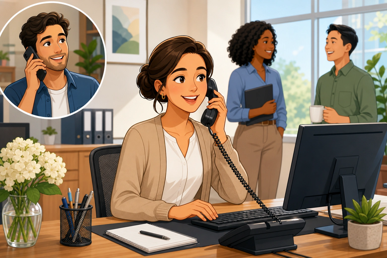 A female receptionist at a tidy office desk answers a ringing phone while a male caller waits on the line, with a computer, notebooks, and a bright window in the background.