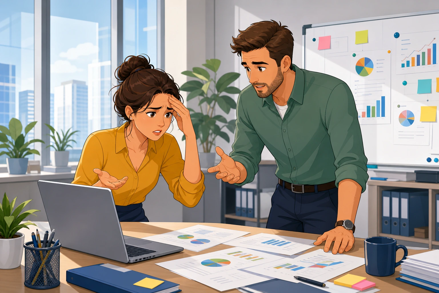 A stressed woman and a man in a modern office stand beside a laptop and scattered papers, talking over a problem report with a whiteboard in the background.