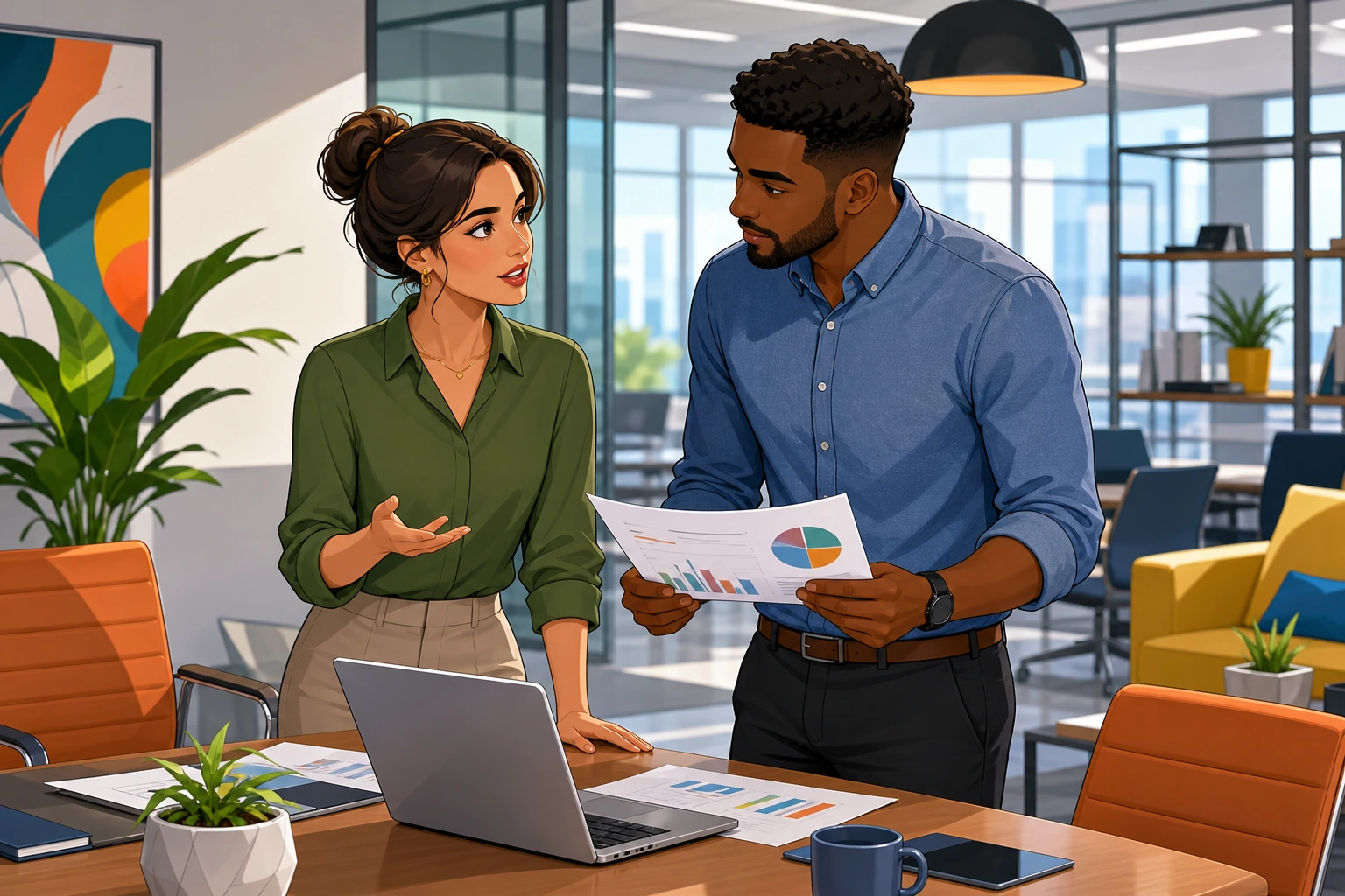 A woman and a man stand near a conference table in a modern office, reviewing a laptop and printed charts while having a serious conversation.
