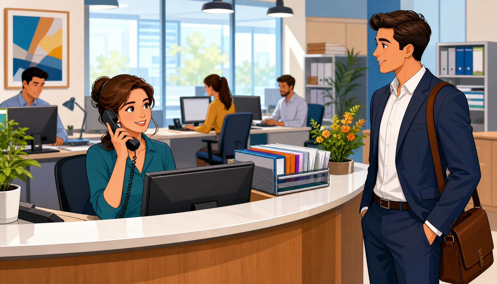 A busy office reception desk with a woman holding a phone and a man in a suit waiting nearby, with computers, files, and soft daylight in the background.