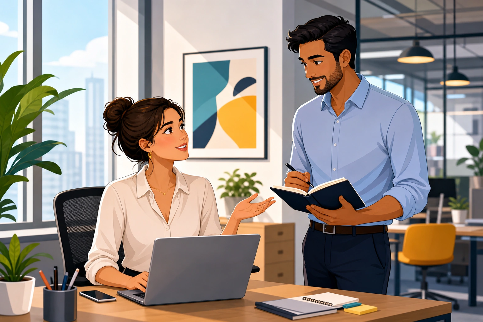 A woman in a blouse sits at a modern office desk with a laptop and phone, while a man in a shirt stands nearby with a notebook, both focused on a professional email discussion.