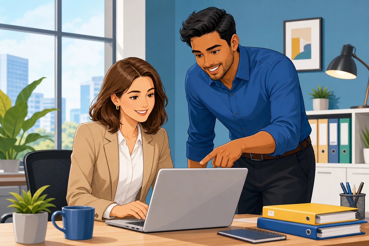 A woman in business clothes sits at a desk with a laptop while a man stands beside her pointing at the screen in a bright office with folders and a coffee mug.