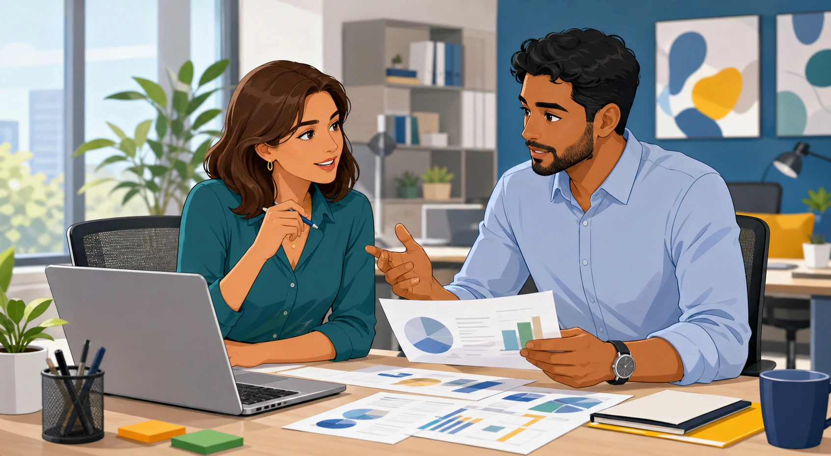 A woman and a man sit at a shared office desk, looking at a laptop and printed reports while discussing a work problem.