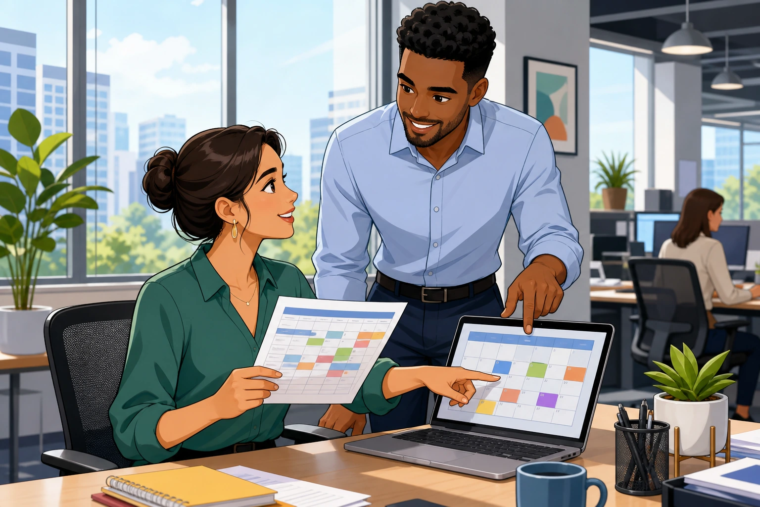 A woman at a desk in a modern office talks with a man standing beside her, both looking at a printed schedule and pointing at dates on a laptop screen.