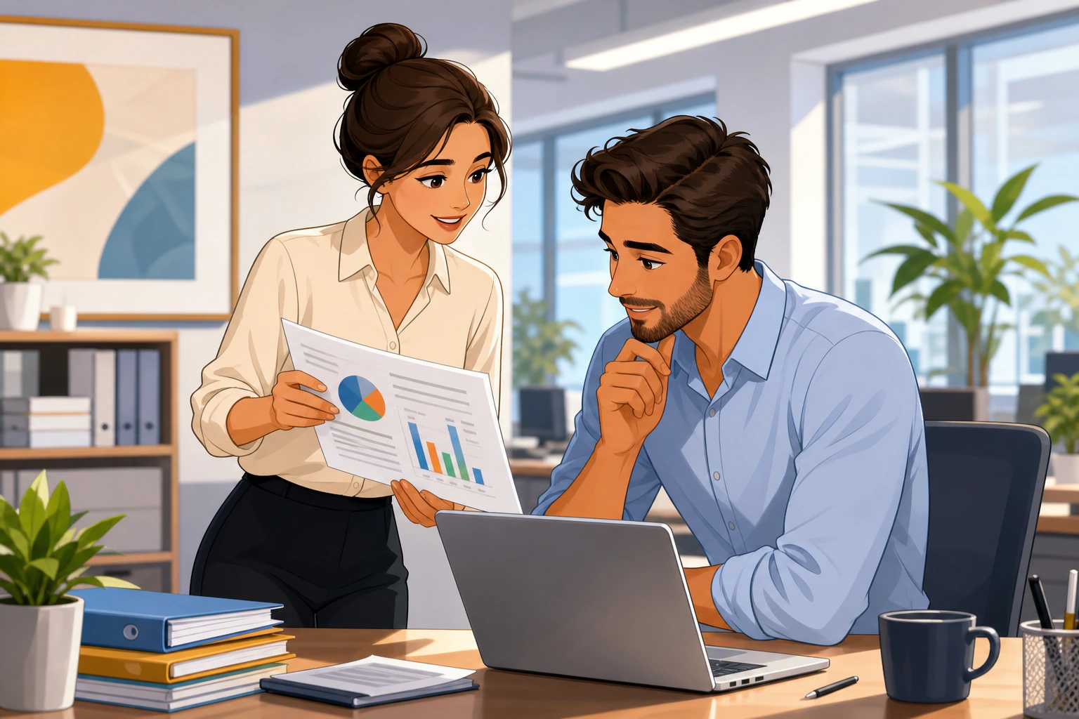 A young woman in a smart blouse shows a printed report to a man in a modern office with a laptop, files, and a bright desk as they review the page together.