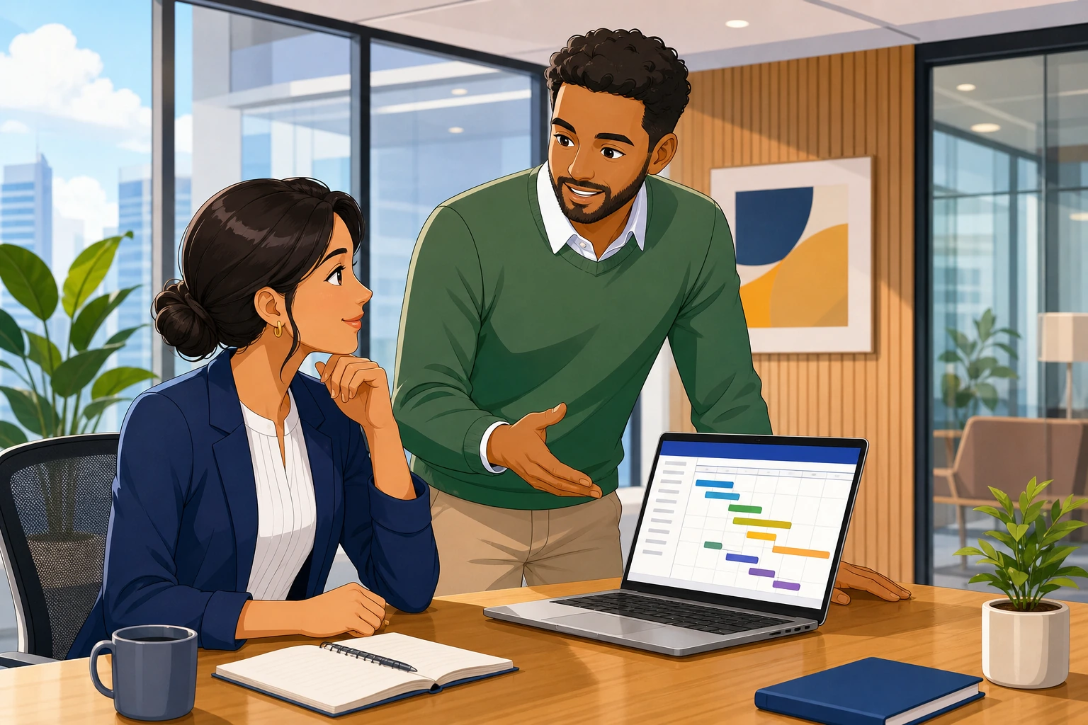 A woman in business attire sits at a meeting table in a modern office while a male coworker stands beside a laptop, both looking at a project schedule and speaking calmly.
