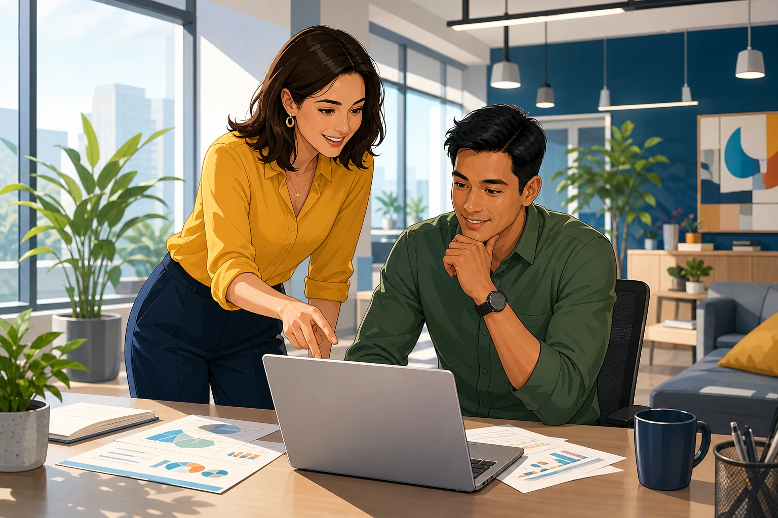 A female office worker stands by a desk with a laptop and printed papers while a male colleague looks at the screen in a bright modern office.