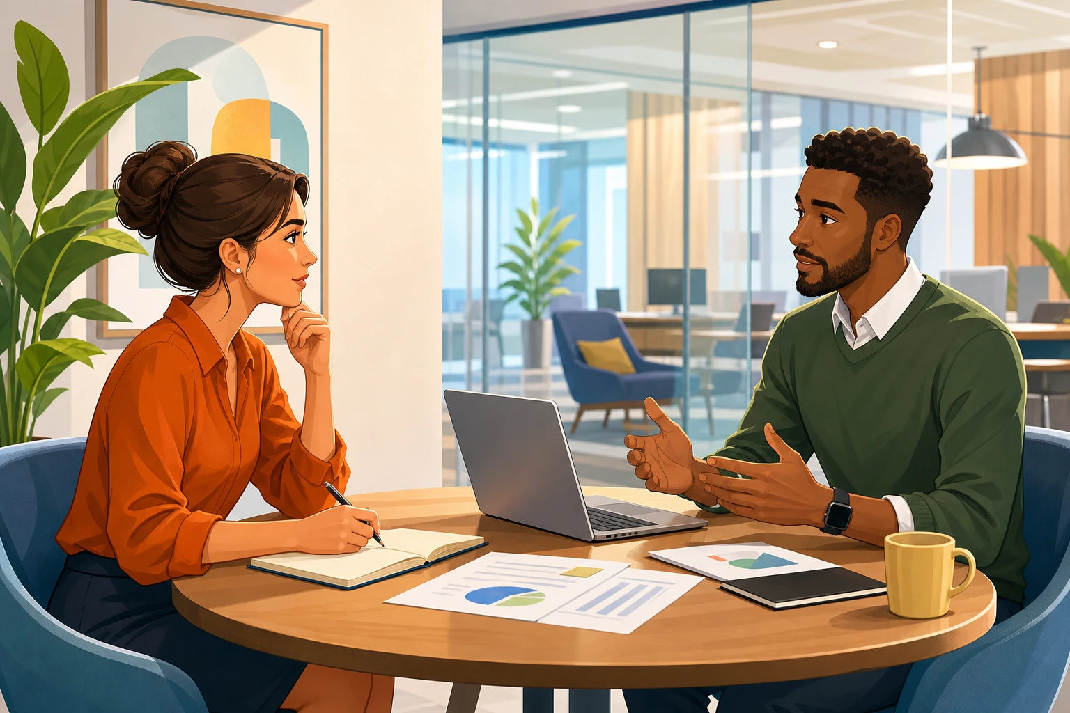 A woman and a man sit across a small conference table in a modern office, with a laptop open, papers spread out, and a serious but calm discussion in progress.