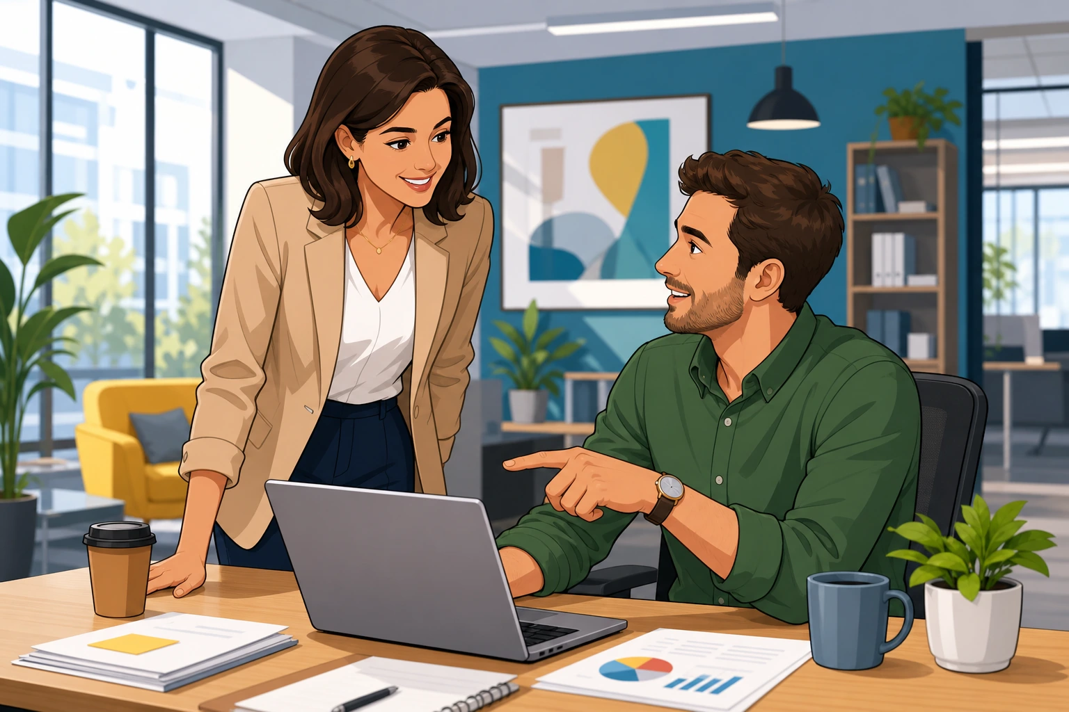A professional woman standing beside a desk in a bright office speaks with a male coworker who is pointing at a laptop screen, with papers and coffee cups on the table.