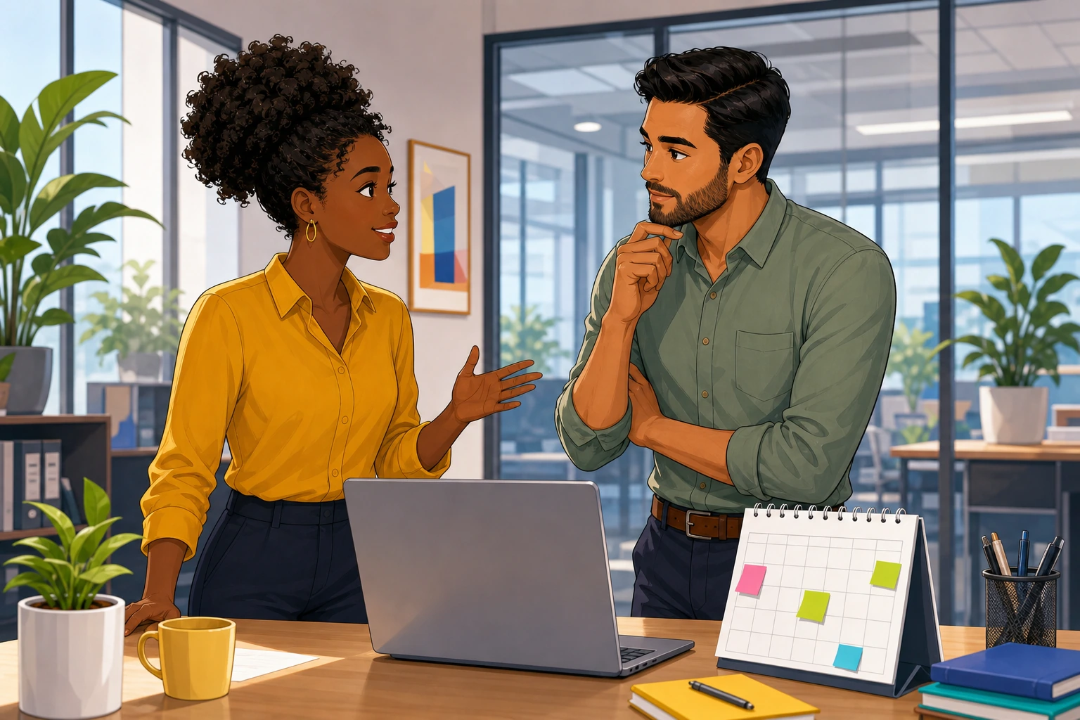 A businesswoman and a man in a modern office, standing beside a laptop and calendar, discussing a project with focused expressions.